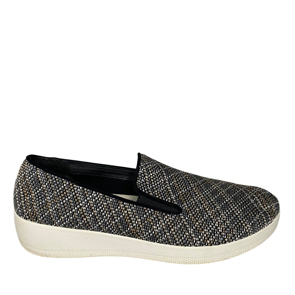 FitFlop Uberknit Women Black Gold Metallic Woven Tweed Slip On Sneakers Size 9